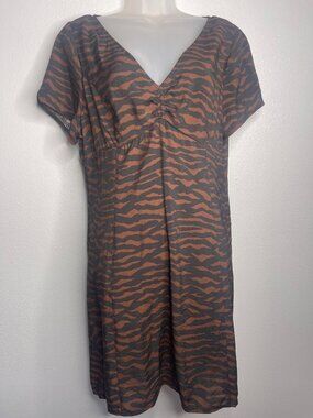Madewell Animal Print V-Neck Short Sleeve Mini Summer Dress Brown Black SZ14 NWT